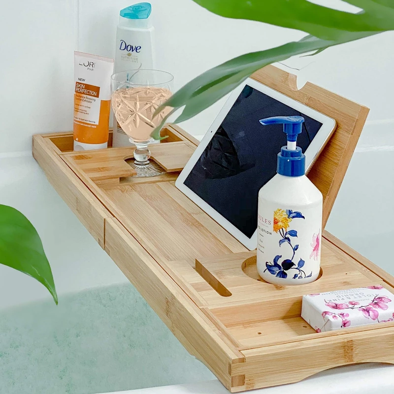 Deep Calm Bath Caddy – Foldable, Extendable Bath Tray Holds Book, iPad, Tablet, Phone, Wine Glass, Candle - Adjustable Bathtub Table – Luxury, Natural Bamboo Bath Shelf (Natural) - Image 1