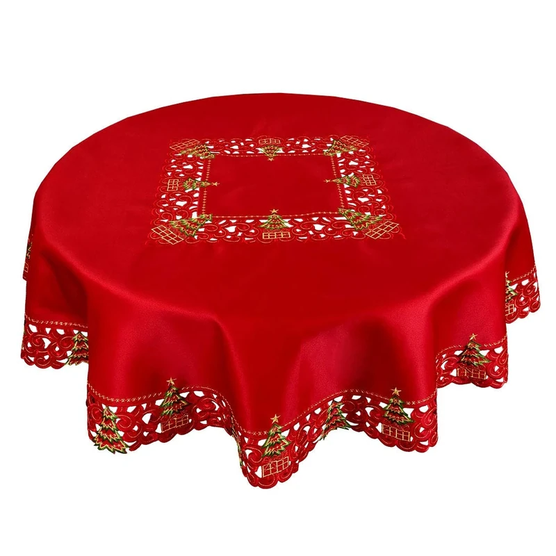 Grelucgo Embroidered Christmas Holiday Holly Tree Tablecloth (69 Inches Round Tablecloth)