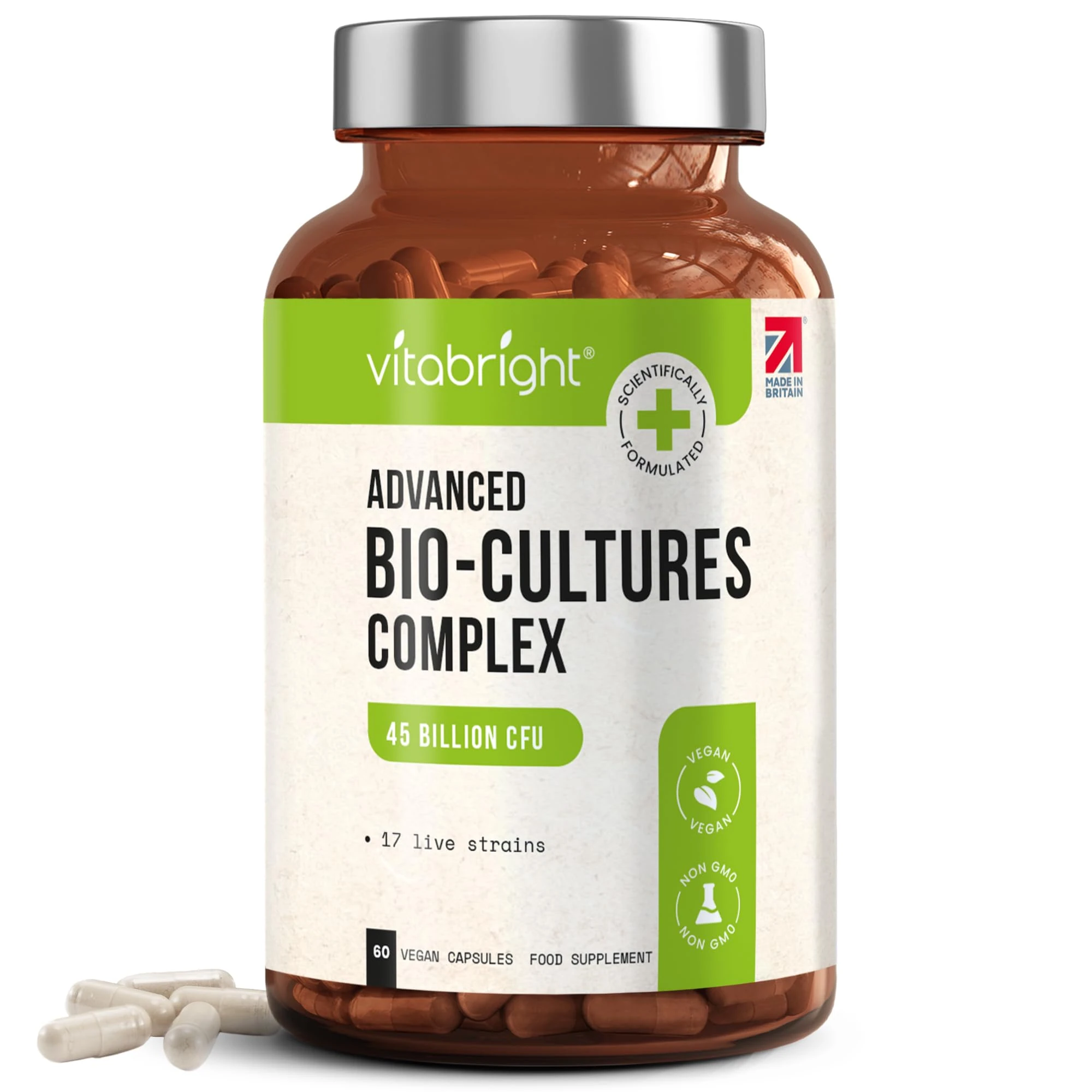 VitaBright Bio Cultures Complex Probiotics for Women & Men | 45 Billion CFU | 17 Strains | 60 Probiotic Capsules with Prebiotics | with Lactobacillus Reuteri Acidophilus Probiotic Bacterial Cultures