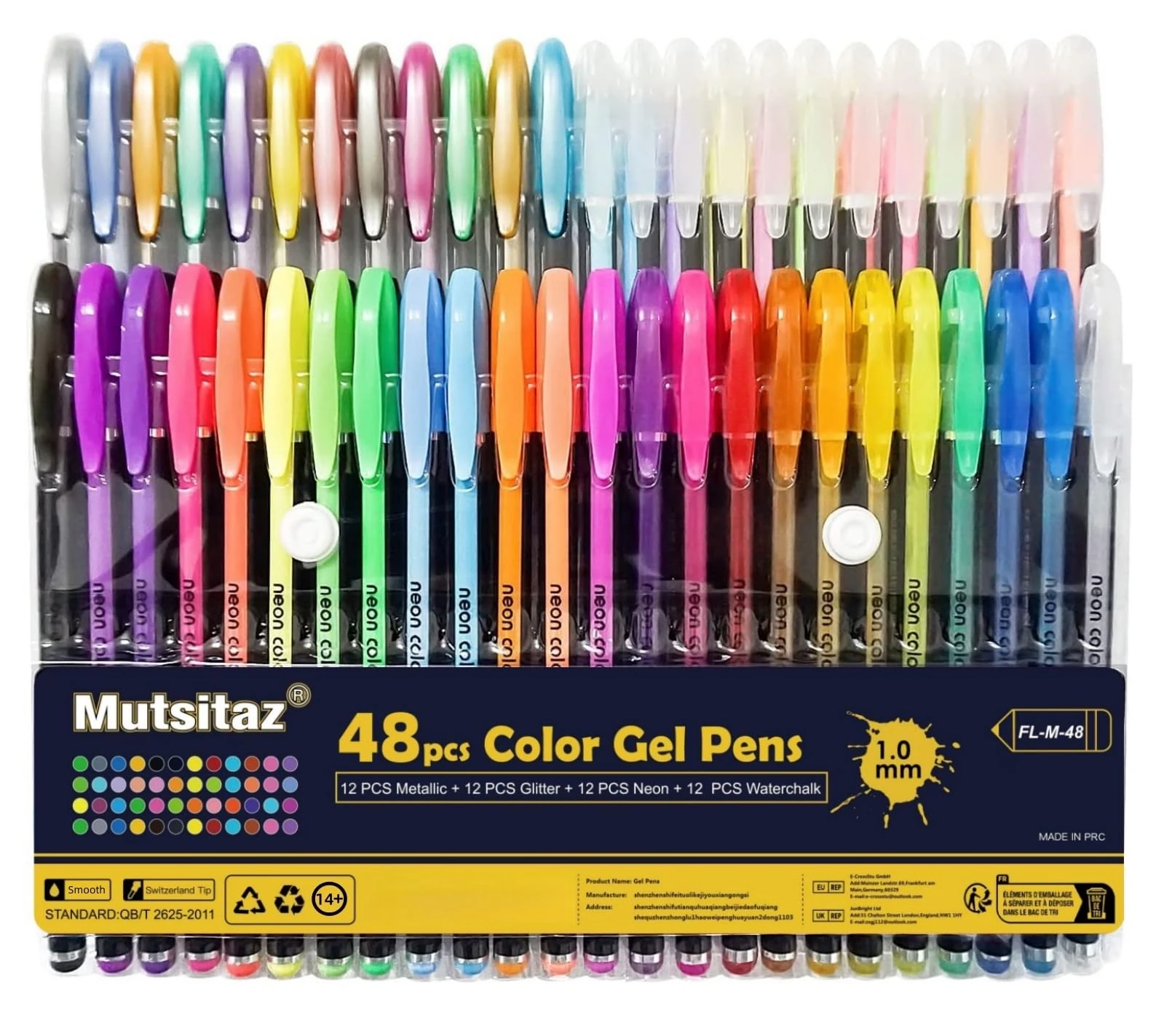 Mutsitaz 48 Packs Color Gel Ink Pens Set for Adult Colouring Books,Drawing,and Writing Manga Markers with 1.0mm Tip (12 Metallic,12 Glitter,12 Neon,12 Water Chalk)