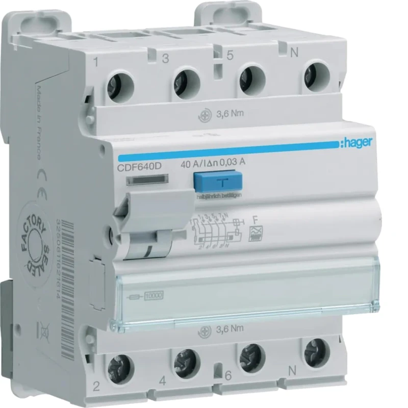 Hager CDF640D CDF640D FI Circuit Breaker F 4-Pin 40A 0.03A 400V