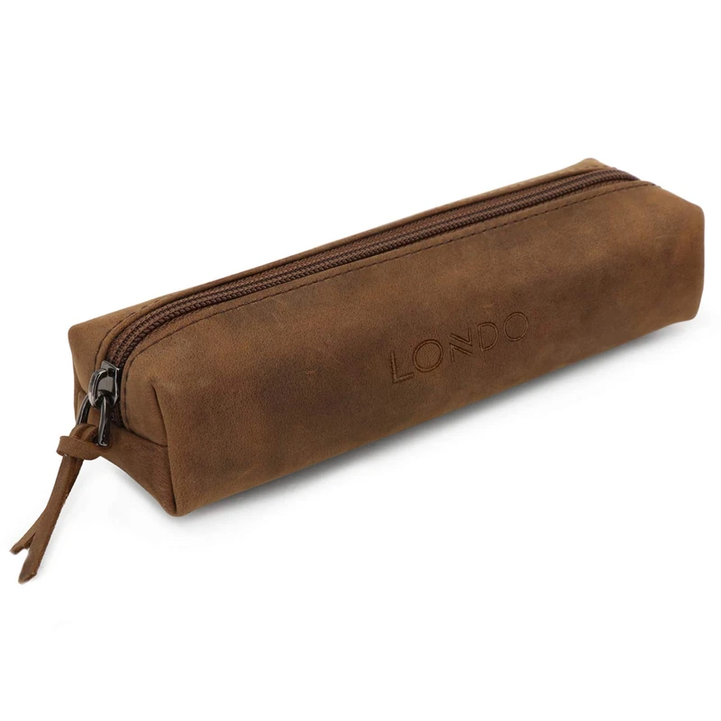 LONDO Genuine Leather Zipper Pen, Pencil & Cosmetic Case - Pouch Stationery Bag