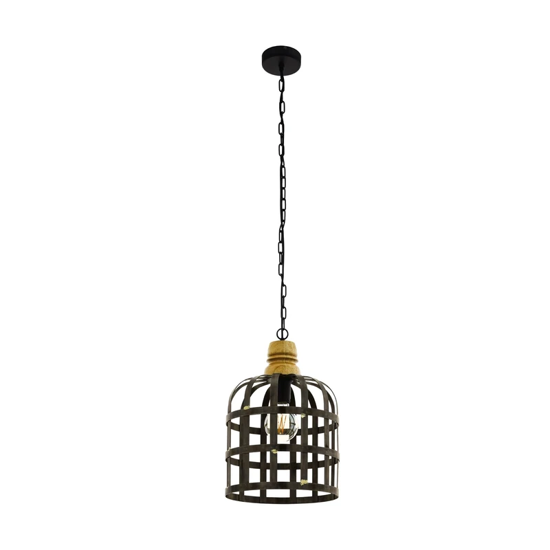 EGLO Oldcastle Pendant Light, 1-Bulb Industrial Vintage Retro Pendant Light Steel Wood in Black, Brown, Dining Table Lamp, Living Room Lamp with E27 Socket, Diameter 31.5 cm