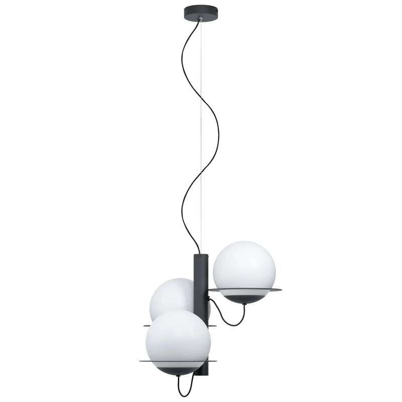 EGLO Sabalete Pendant Light, 3-Bulb Modern Pendant Light Made of Steel and Glass in Black, White, Opal Matte, Dining Table Lamp, Living Room Lamp Hanging with E27 Socket