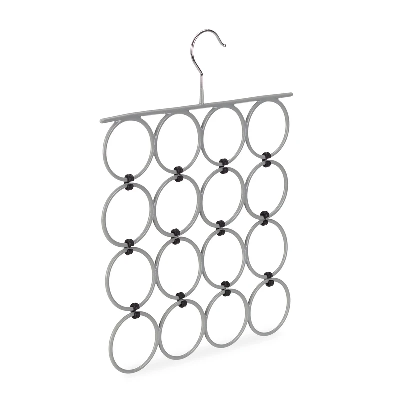 Relaxdays Scarf Hanger, Grey, 16 Rings, Compact Closet Organiser for Ties & Belts, Metal, PVC - Image 1