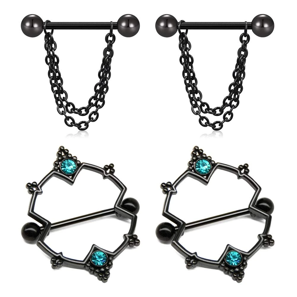 Longita 14G Nipple Rings Nipplerings Piercing for Women Girls Straight Barbell Black Nipple Rings Stainless Steel Piercing Jewellery 2 Pairs