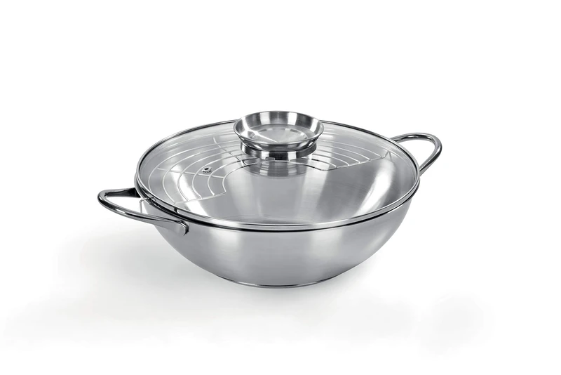 Wok Made of 18/10 Stainless Steel, Diameter 28 cm, Capacity 3.75lt, lid with Scented Pole, Made in Italy