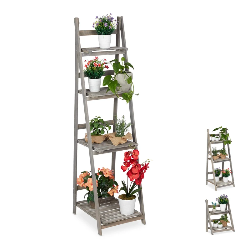 Relaxdays Multi-Tier Flower Shelf, Wooden Plant Ladder Rack, Folding, HWD: 160 x 41 x 50 cm, Grey