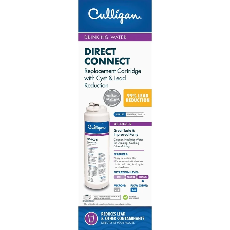 Culligan US-DC3-R Direct-Connect Under-Sink Water Filter Cartridge – Quick Twist-Lock, 4,750-Gallon/12-Month Capacity, Removes Lead, Chlorine, Taste & Odor, Microbial Cysts