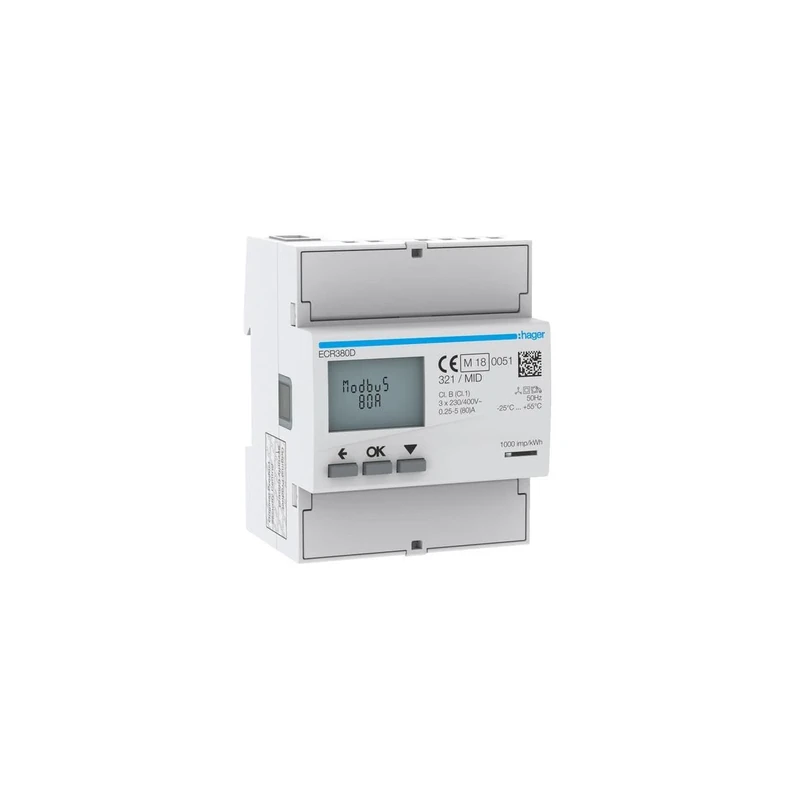 HAGER Three Phase Energy Meter, Direct 80A, 4M, MID ECR380D