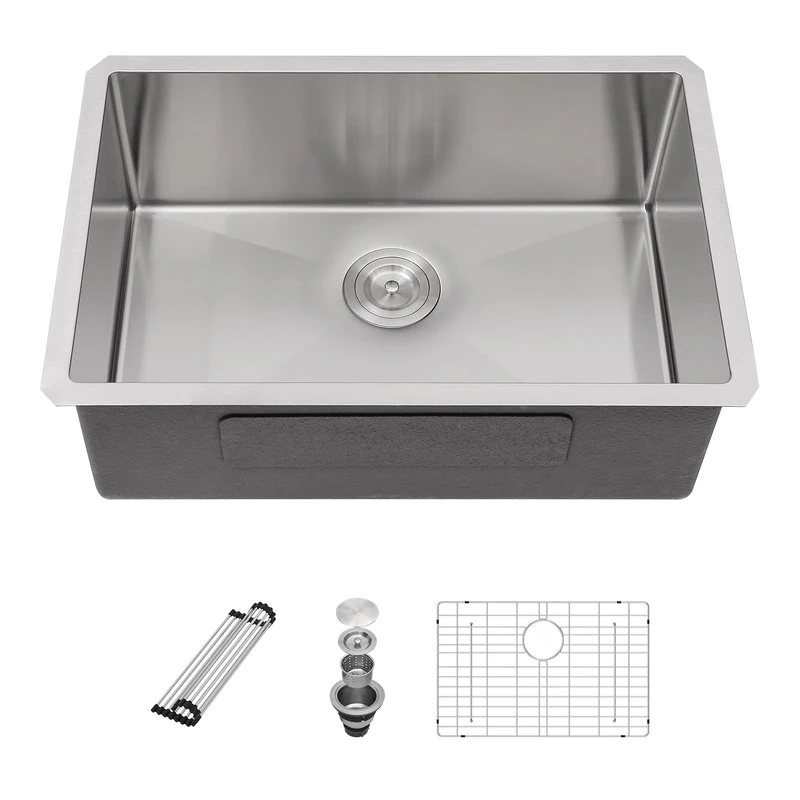 Sarlai 26 Inch Undermount Kitchen Sink- 26x18 Inch Undermount Stainless Steel16 Gauge Single Bowl Under Counter Kitchen Sink Round Corner Basin