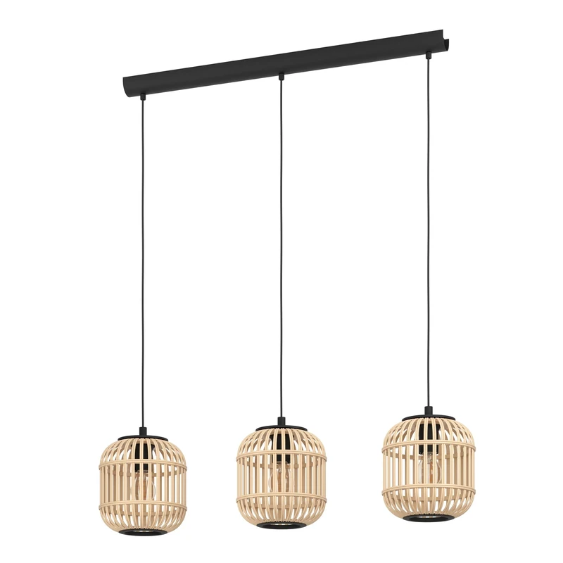 Eglo Pendant Light Bordesley, 3-Light Hanging Lamp Vintage, Natural, Boho, Hygge, Suspension Lamp Made of Black Steel and Natural Wood, Dining Table Light, Hanging Living Room Lamp with E27 Socket