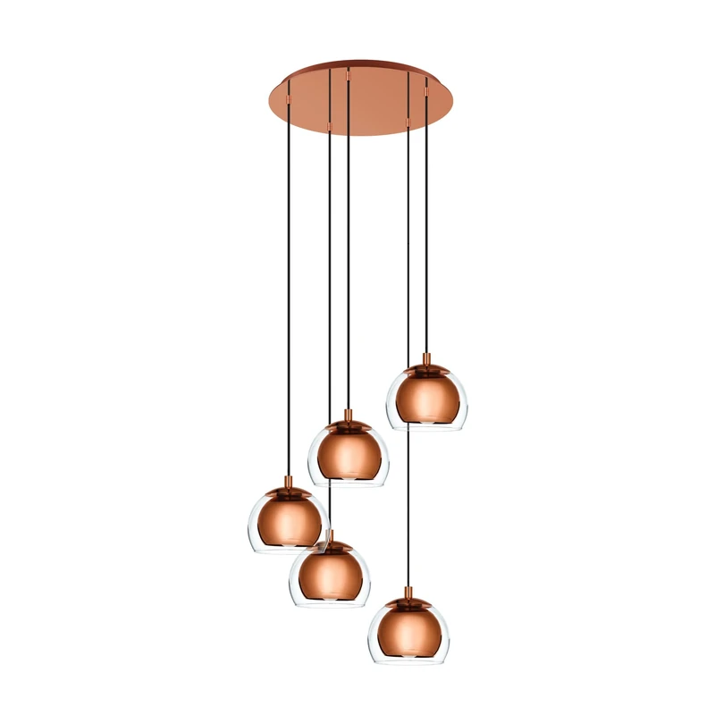 EGLO Pendant Lighting Rocamar 1, 5 Bulbs Ceiling Light Fitting Made of Copper-Coloured Metal and Clear Glass, Hanging lamp for Dining and Living Room, E27 Socket