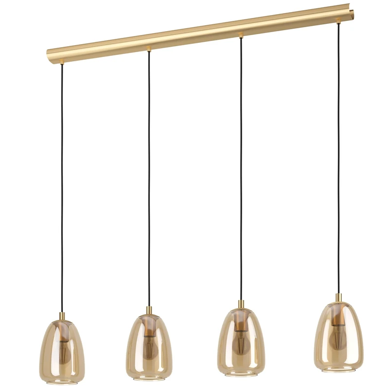Eglo Pendant Lighting Alobrase, Ceiling Light Fitting with 4 Shades, Hanging lamp for Dining Room Made of Brushed Brass Metal and Glass in Amber Colour, E27 Socket, Ø 42.5“