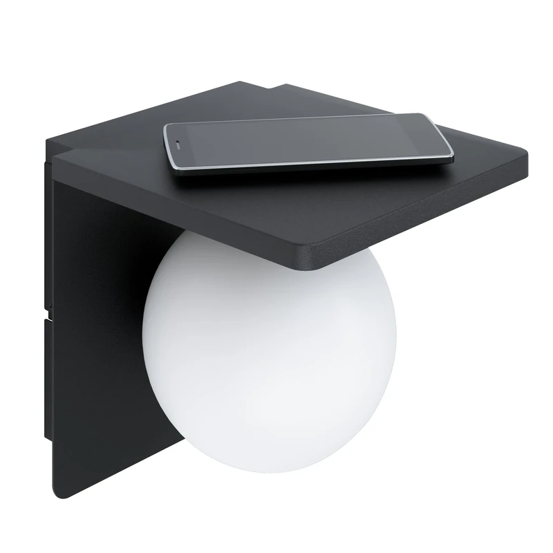 Eglo Ciglie Wall Light, 1-Bulb Wall Light, Material: die-cast Aluminium, Colour: Black, Glass: Opal matt, White, Includes QI Charger (Wireless Charging), Socket: E14