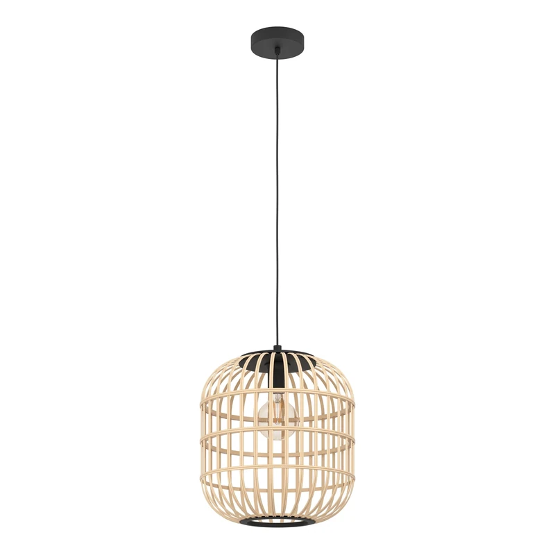 EGLO Bordesley Pendant Light, 1-Bulb Pendant Lamp, Vintage, Natural, Boho, Hygge, Steel Pendant Light in Black and Wood in Natural Colours, Dining Table Lamp, Living Room Lamp Hanging with E27 Socket,