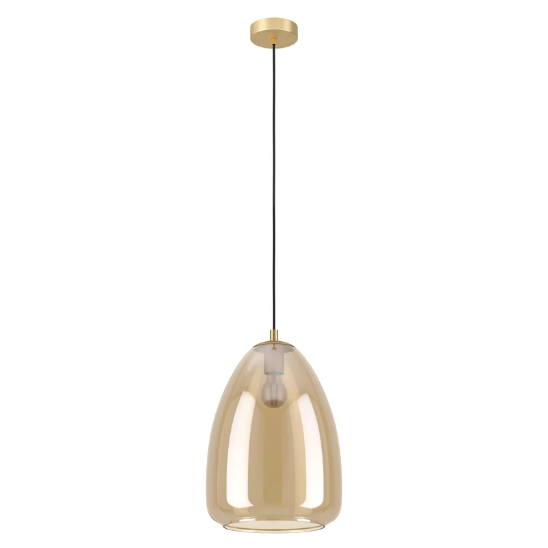 Eglo Pendant Lighting Alobrase, Ceiling Light Fitting, Hanging lamp for Dining Room Made of Brushed Brass Metal and Glass in Amber Colour, E27 Socket, Ø 11.8“