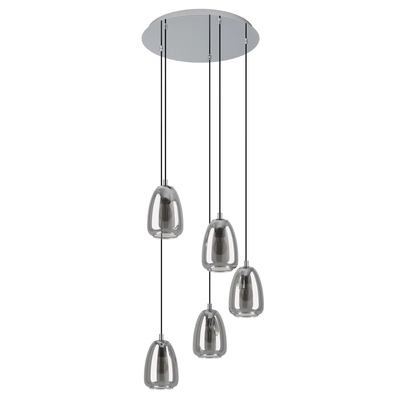 Eglo Cluster Pendant Lighting Alobrase, Ceiling Light Fitting with 5 Shades, Hanging lamp for Dining Room Made of Chrome-Coloured Metal and Smoked Glass in Transparent Black, E27 Socket, 21.3”