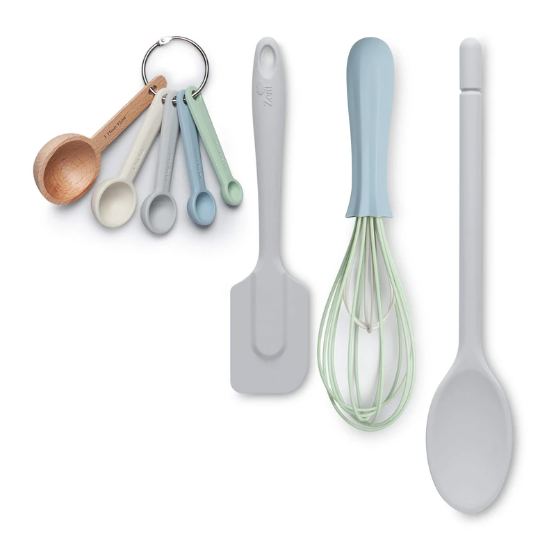 Zeal JSET41S Non-Stick Silicone Spatula, Whisk, Traditional Measuring Spoons 4-Piece Baking Set, French Grey/Duck Egg Blue/Neutral Mix