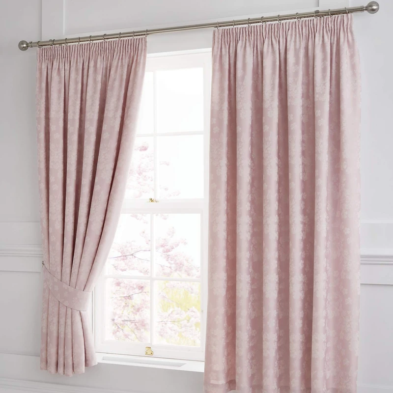 Serene Blossom-Jacquard Lined Pencil Curtains with Tie-Backs, Blush Pink, 66" Width x 72" Drop (168 x 183cm)