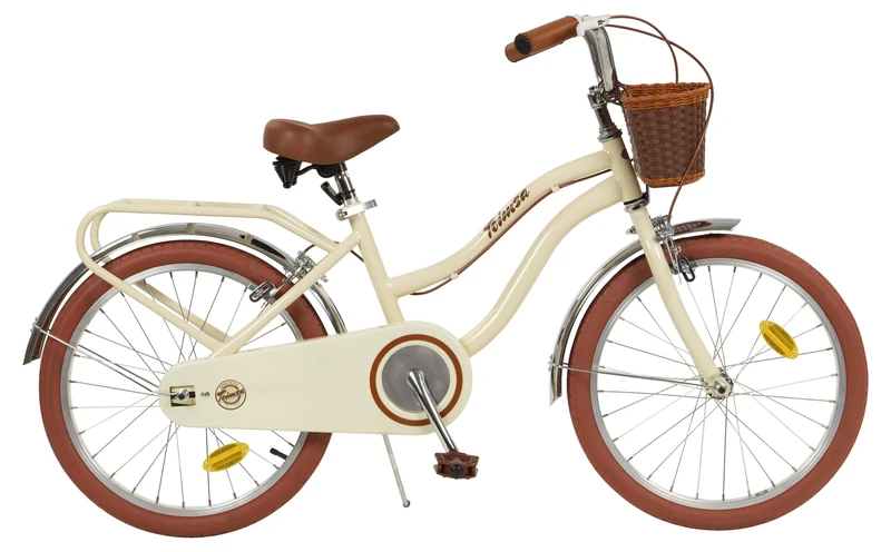 Toimsa Vintage 20 inch Kids Bike/Bicyle with a retro look rear carrier rack and front wicker style basket and training wheel stabilisers, 7-9 Years, Beige and Brown
