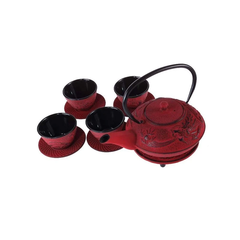 lachineuse - Chinese Dragon Cast Iron Tea Set - 1 Teapot, 4 Cast Iron Cups & Infuser Filter - Capacity 0.8L - Japanese Asian Decoration - Japanese Tableware Gift Idea - Red