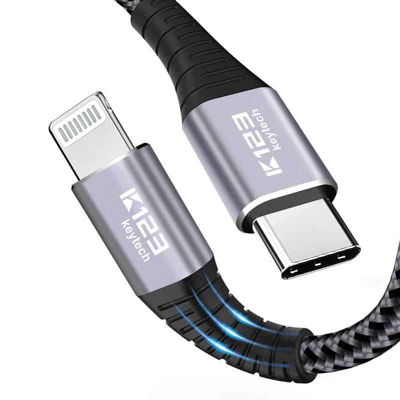 K123 Keytech USB-C to Lightning Cable 3.3ft, [Apple MFi Certified] PD Fast Charging Nylon Braided Cord for iPhone 11/11 Pro/11 Pro Max/X/XS/XR/XS Max/8/8 Plus, Supports Power Delivery - Gray - Image 1