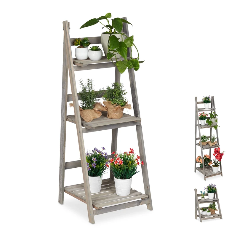 Relaxdays Multi-Tier Flower Shelf, Wooden Plant Ladder Rack, Folding, HWD: 108 x 41 x 40 cm, Grey