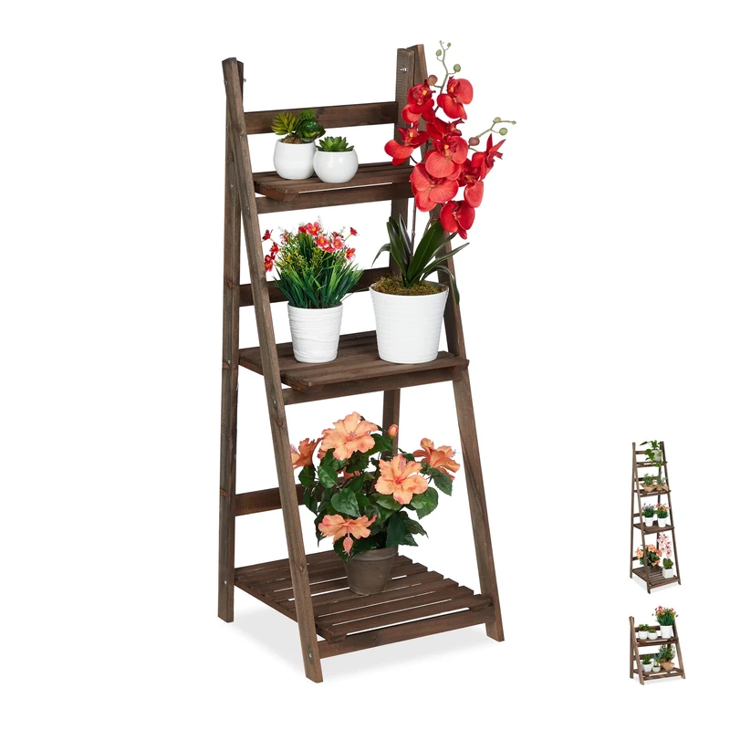 Relaxdays Multi-Tier Flower Shelf, Wooden Plant Ladder Rack, Folding, 108 x 41 x 40 cm, Dark Brown