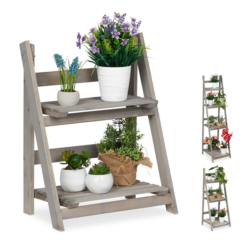 Relaxdays Multi-Tier Flower Shelf, Wooden Plant Ladder Rack, Folding, HWD: 51.5 x 41 x 24 cm, Grey