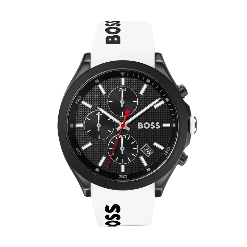 BOSS Men's 44mm Chronograph Quartz Watch Velocity Collection with Black Textured Dial, White Silicone Strap, Date Function, 3 Sub-Dials, 5ATM Water Resistant - 1513718