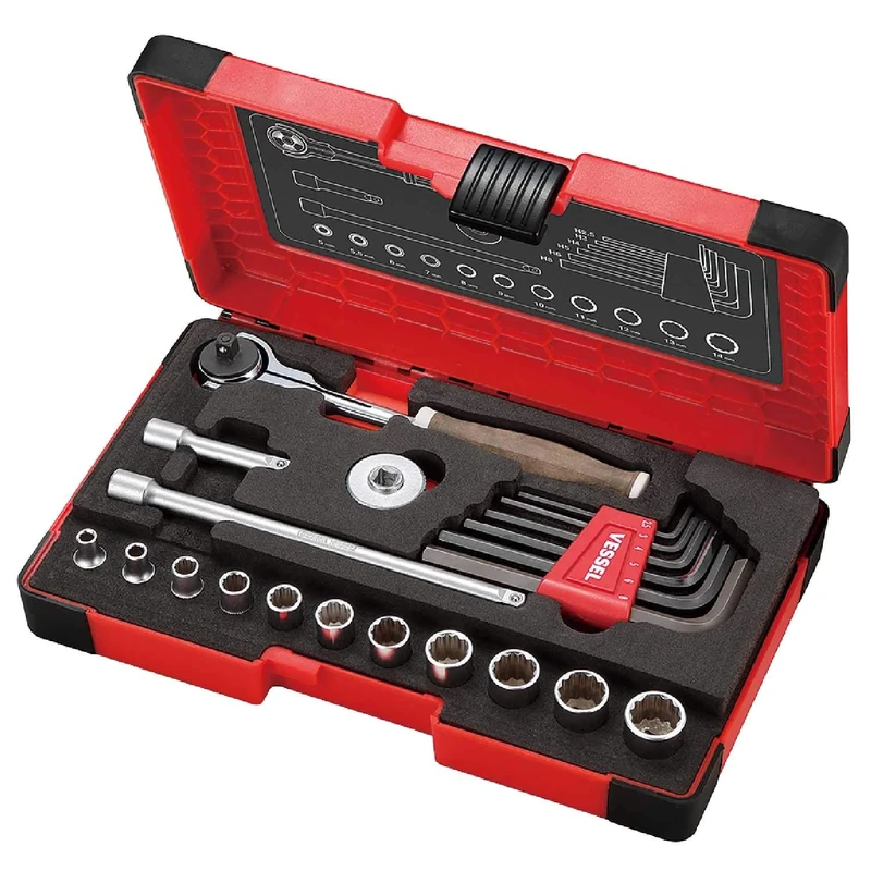 VESSEL Swivel Socket Wrench Set 1/4" (6.35mm) - Wood-Compo HRW2004M-SW Non-Slip Handle (21 pcs) - Image 1