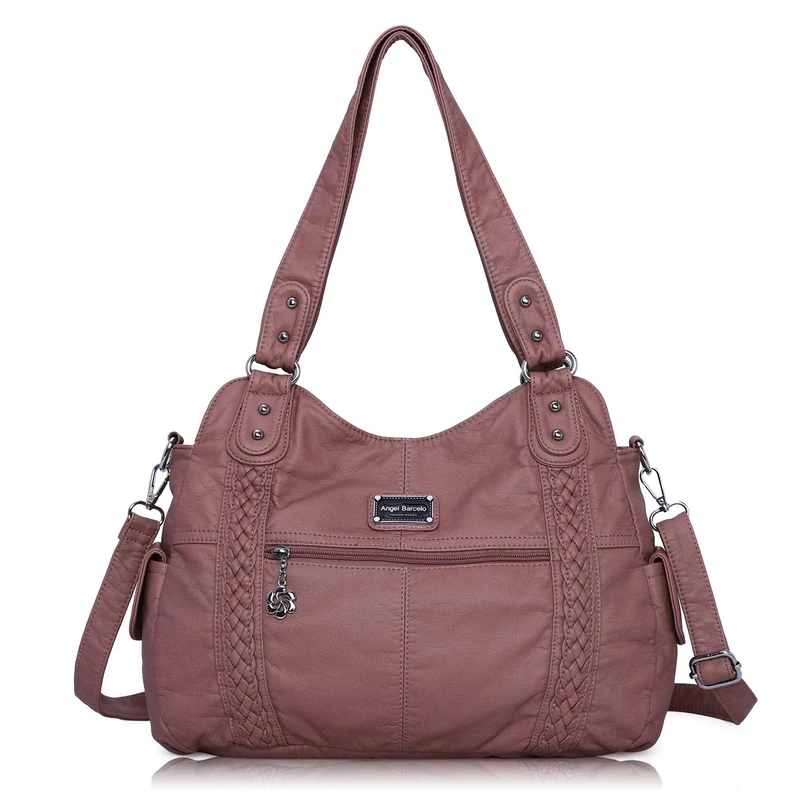 Angel Barcelo Roomy Fashion Hobo Womens Handbags Ladies Purse Satchel Shoulder Bags Tote Washed Leather Bag, Pink-6802, L