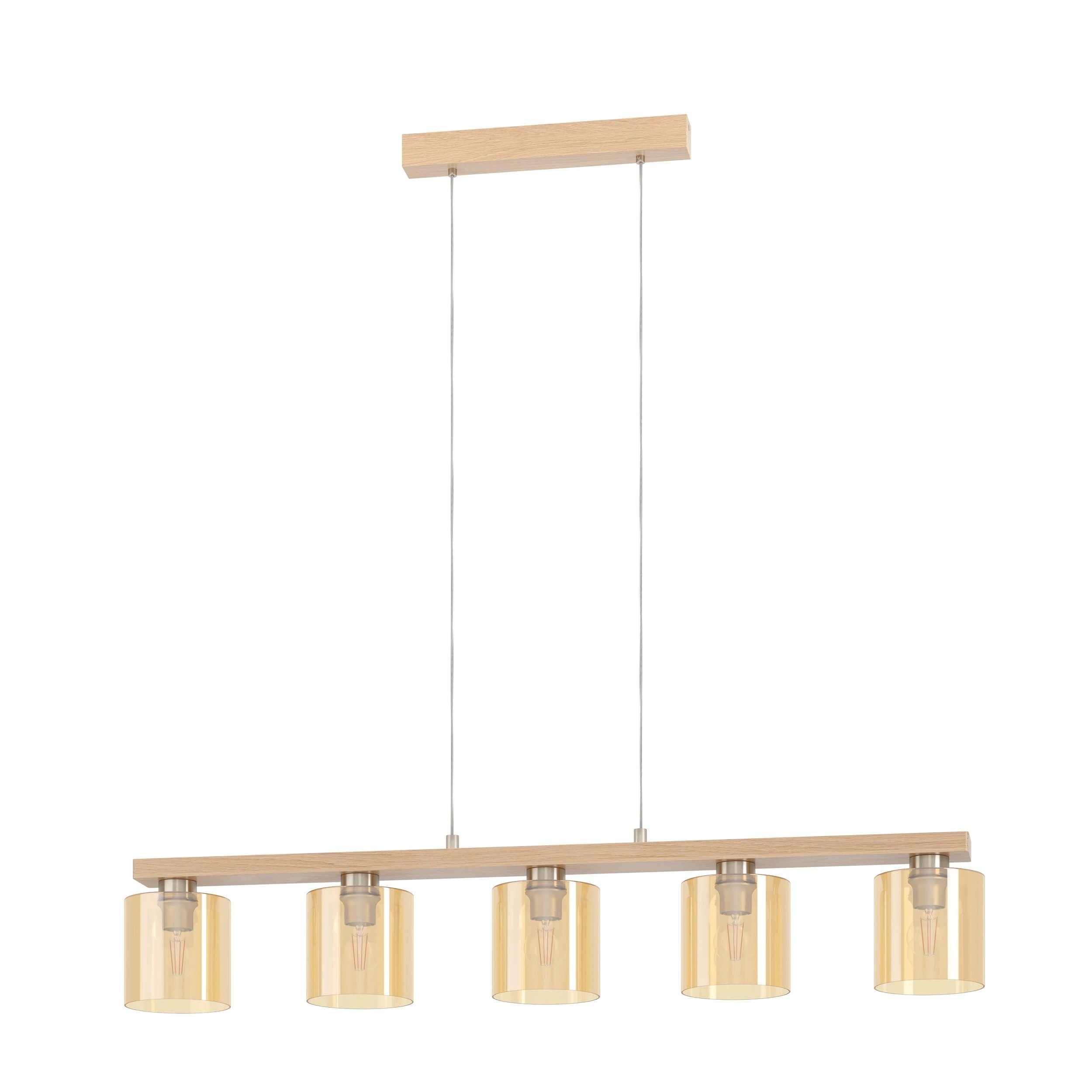 Eglo Pendant lighting Castralvo, ceiling light fitting with 5 shades, hanging lamp for dining room made of glass in amber colour and natural wood, E27 socket, Ø 47.6“