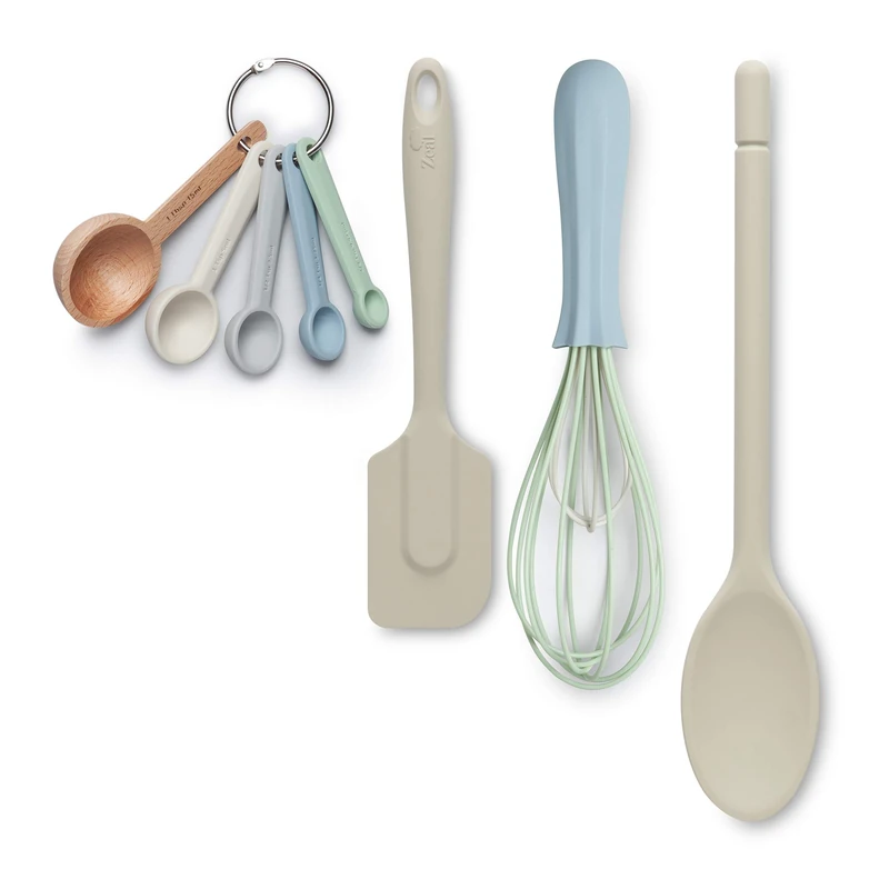Zeal JSET41C Non-Stick Silicone Spatula, Whisk, Traditional Measuring Spoons 4-Piece Baking Set, Cream/Duck Egg Blue/Neutral Mix