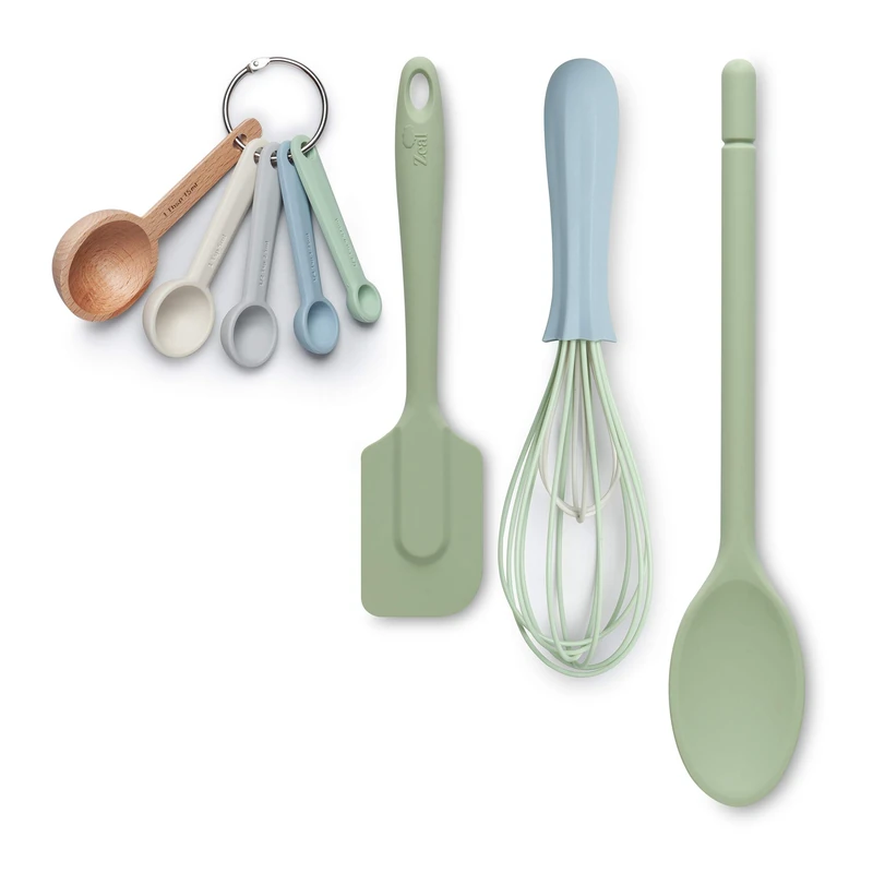 Zeal JSET41G Non-Stick Silicone Spatula, Whisk, Traditional Measuring Spoons 4-Piece Baking Set, Sage Green/Duck Egg Blue/Neutral Mix