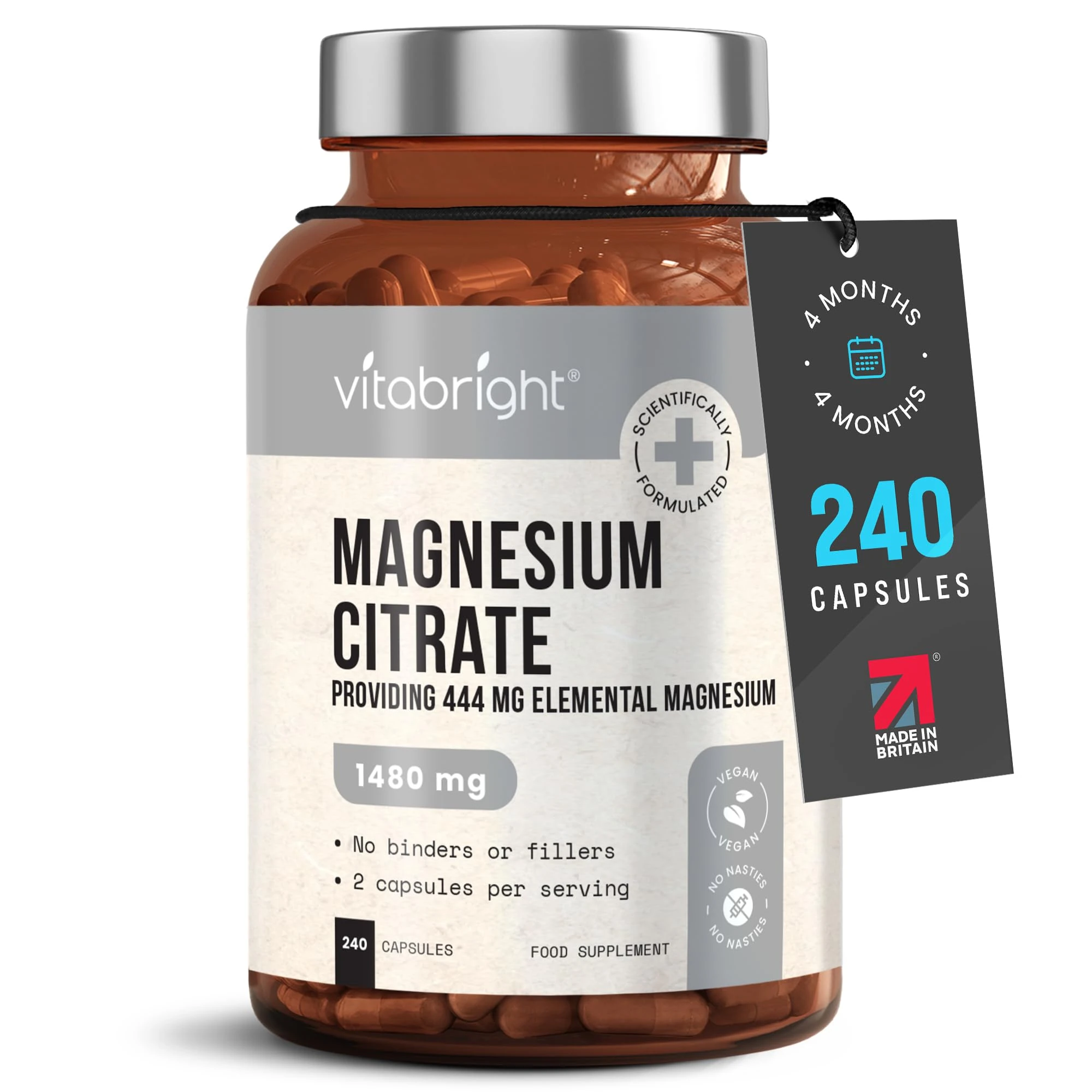VitaBright Magnesium Citrate Capsules 1480mg | 444mg Elemental Mg | 4 Months | High Strength Magnesium Supplements for Women & Men | Mag Citrate Powder in Capsules (Not Tablets)