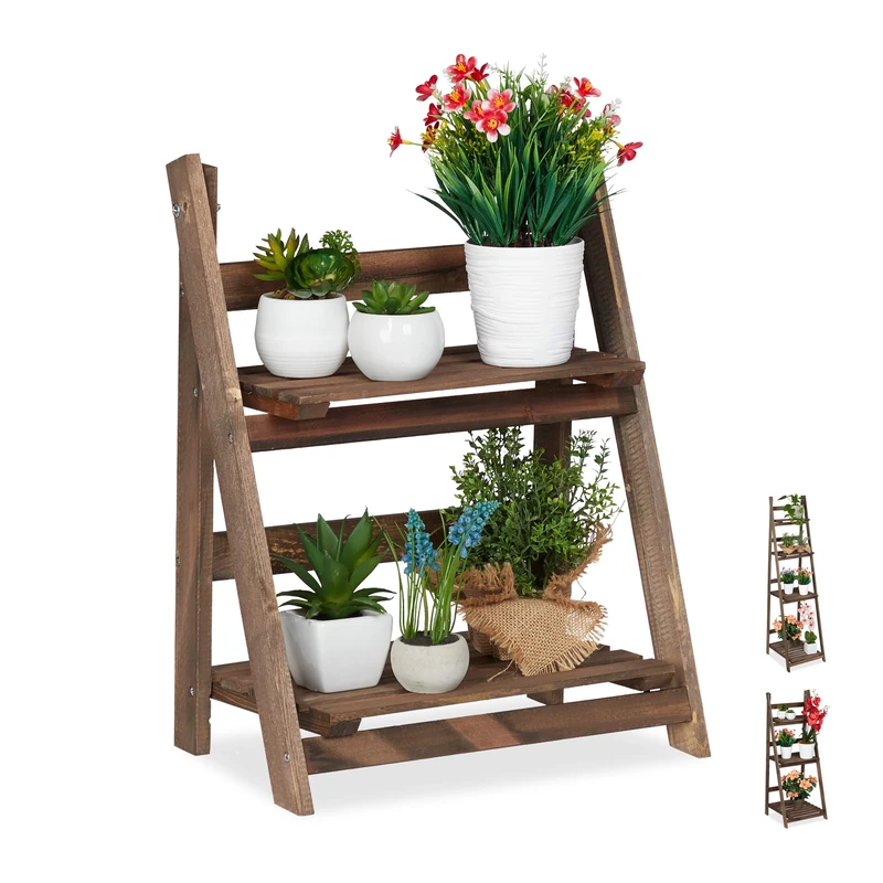 Relaxdays Multi-Tier Flower Shelf, Wooden Plant Ladder Rack, Folding, 51.5 x 41 x 24 cm, Dark Brown