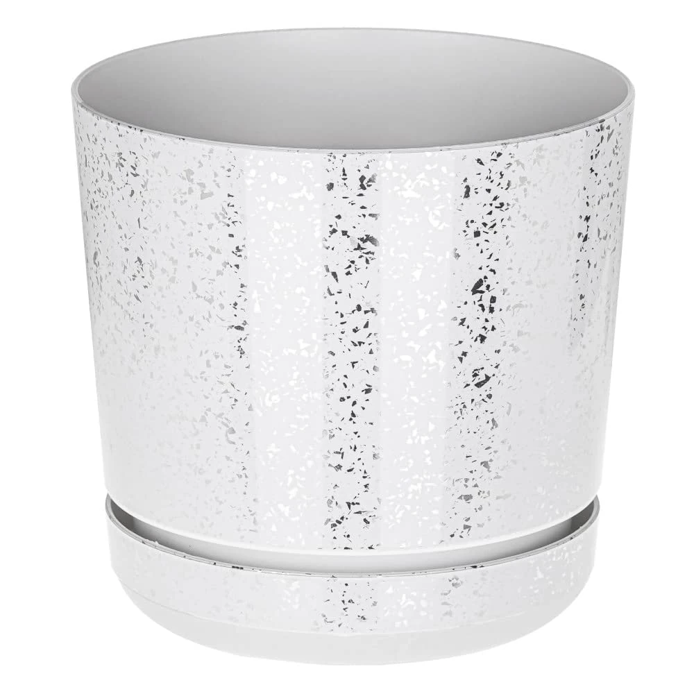 KORAD WHITE WITH SILVER FLECKS flower indoor plant pot with saucer plastic gloss modern decorative planter with drainage holes (14 cm - 5.5 inch)