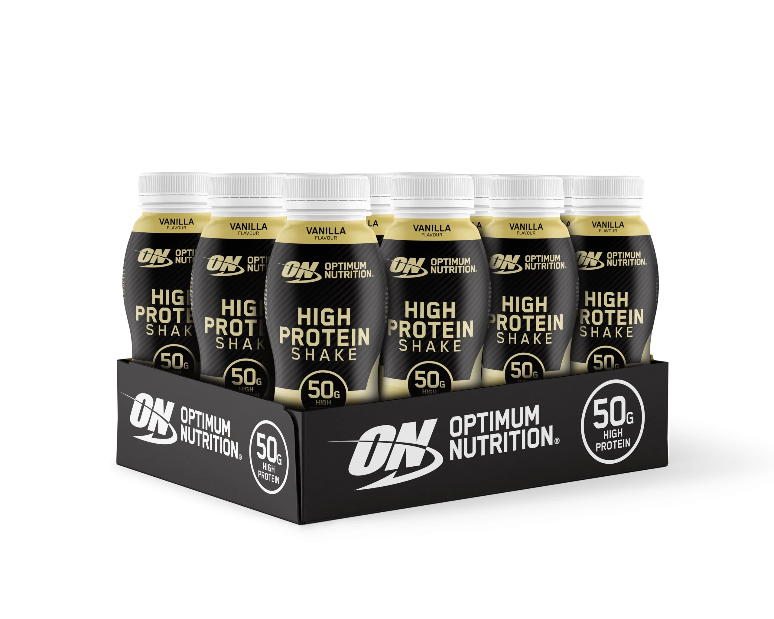Optimum Nutrition High Protein Shake Bottles, Ready To Drink Healthy Snacks, No added sugars, low fat, Vanilla Flavour, 12x500ml, Packaging may vary