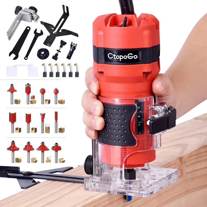 CtopoGo Compact Wood Palm Router Tool Hand Trimmer Woodworking Joiner Cutting Palmming Tool 30000R/MIN 800W 110V with 12PCS 1/4" Router Bits