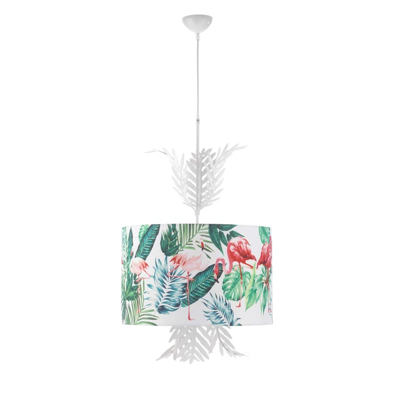 ONLI - Hanging lamp Flamingo with Fabric Shade with Tropical Prints on White Background. Diameter: 48 cm with Fern Bianco, Verde, Rosa