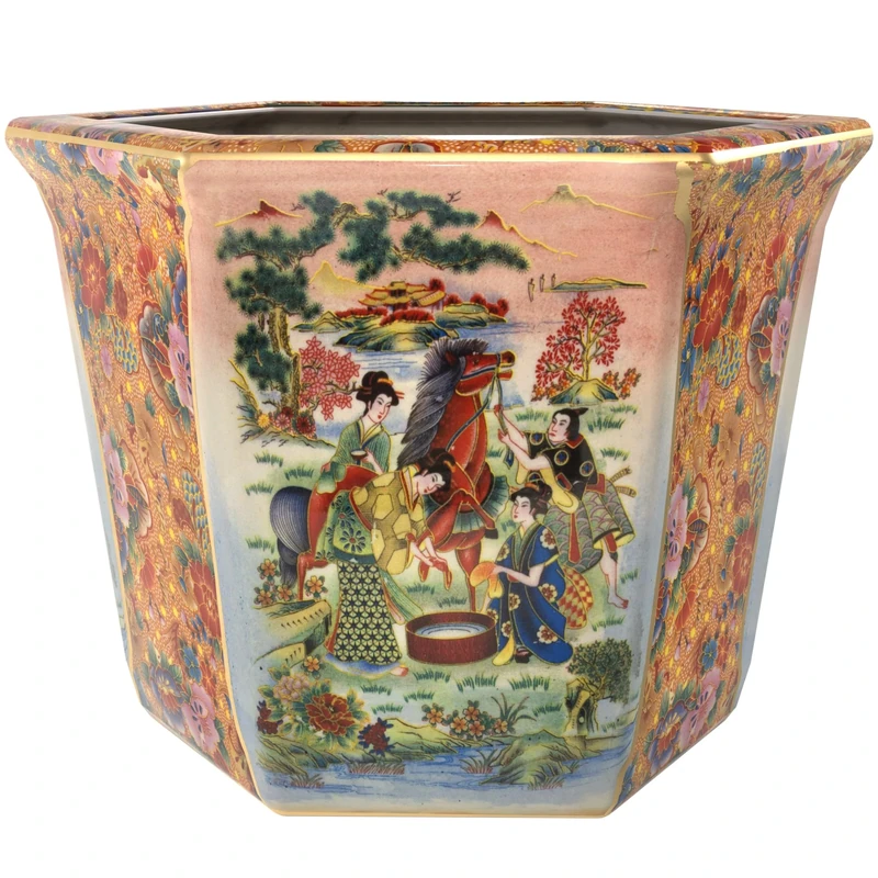 Red Lantern ORIENTAL Furniture Planter, Ceramic, Multicolor