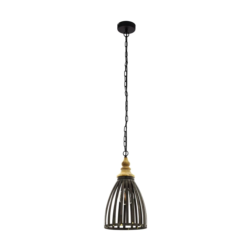 EGLO Pendant Light Oldcastle, 1-Light Hanging Lamp Industrial, Vintage, Retro, Suspension Lamp made of Steel and Wood in Black and Brown, Dining Table Lamp, Living Room Lamp with E27 Socket, Ø 25.5 cm
