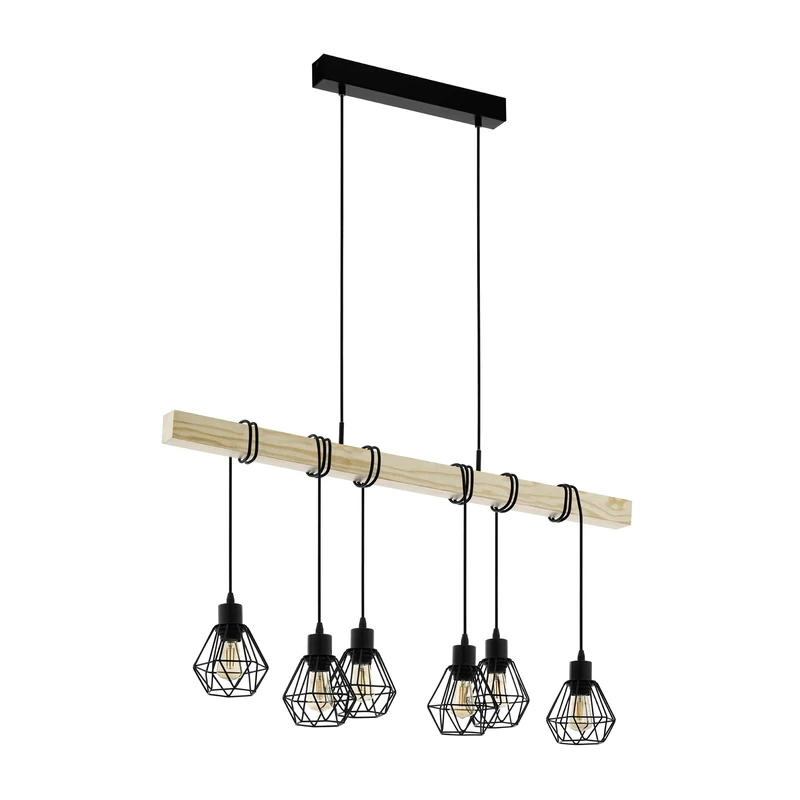 Eglo Pendant Lighting Townshend 5, 6-lamp Vintage Ceiling Light Fitting, Industrial Hanging lamp for Living and Dining Room, Black Metal and Natural Wood, E27 Socket