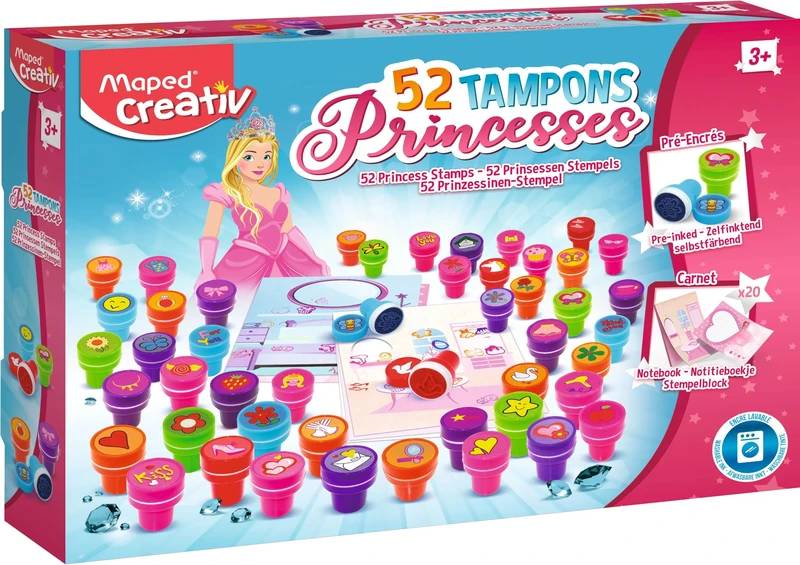 Joustra J41556 Girls 100% Washable Ink Stamps for Children from 3 Years and 1 Educational Notebook - 52 Stamps - Multi-Coloured