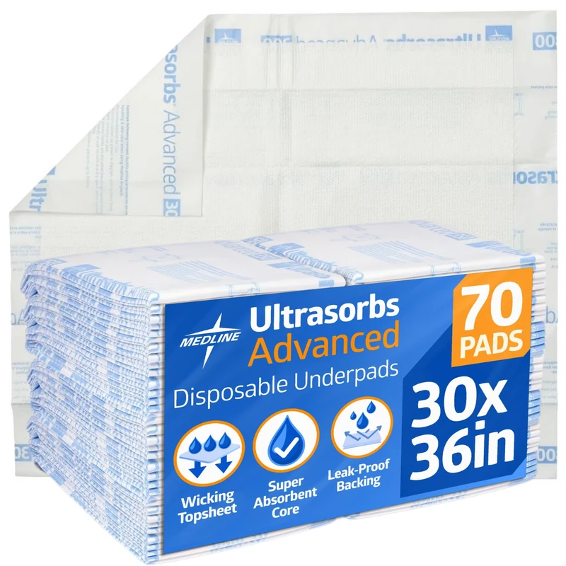 Medline Ultrasorbs Advanced Premium Disposable Underpads, 30" x 36", 70 Count, Super Absorbent Bed Pad