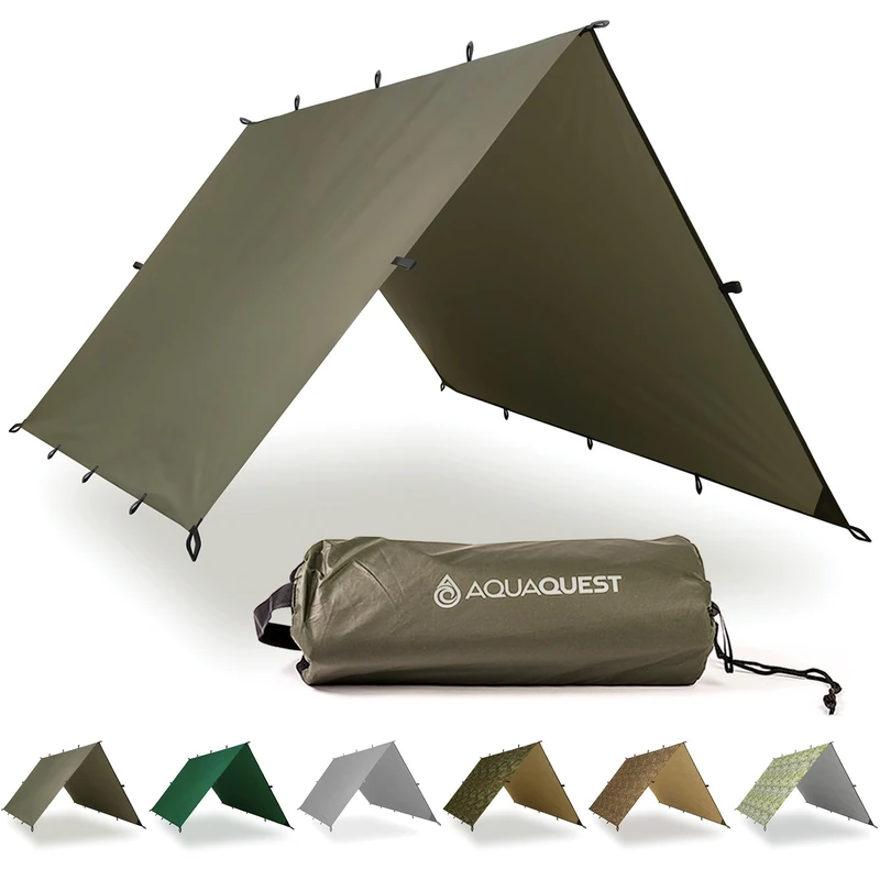 AQUAQUEST SAFARI Waterproof Camping Tarp - Lightweight Sun Shade or Rain Fly - Camping Essentials for Hiking, Backpacking & Hammock, 6 x 4 m Olive Drab - Image 1