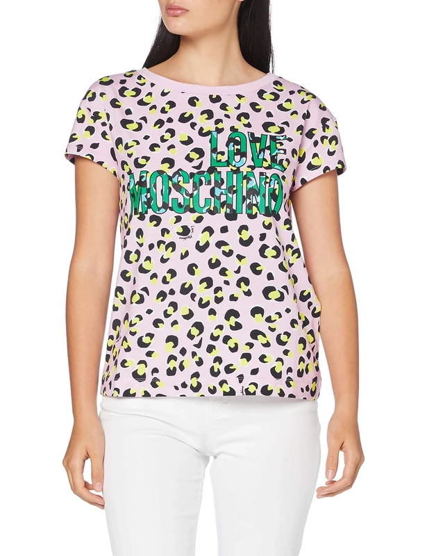 Love Moschino Women's T-Shirt_Allover Animalier&Logo Print T-Shirt, Multicolour (P.Leopard/Pink 0015), 14 (Manufacturer Size: 46)