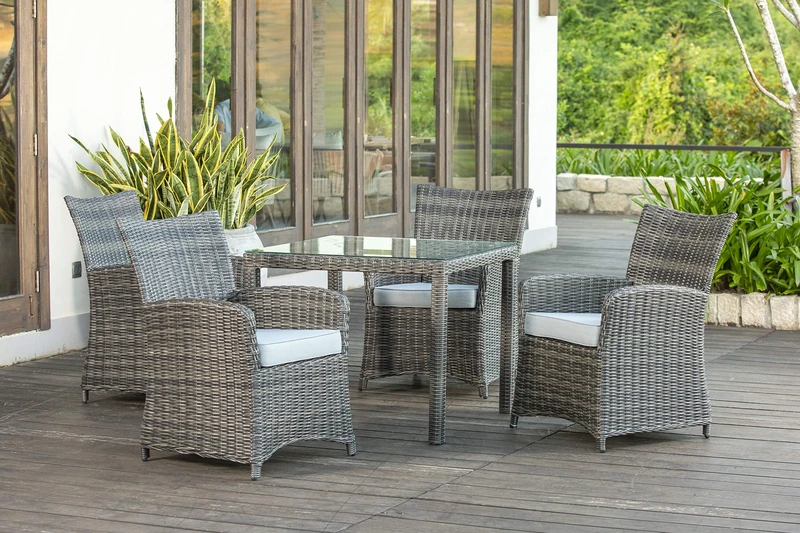 Backyard Furniture Marbella Rattan Wicker 4 Seat Square Dining Set with Cushions and Weatherproof Furniture Cover